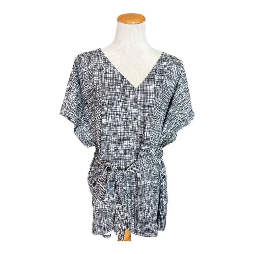 Womens Worthington Abstract WindowpaneβBelted V Neck Tunic Top - Szβ3X